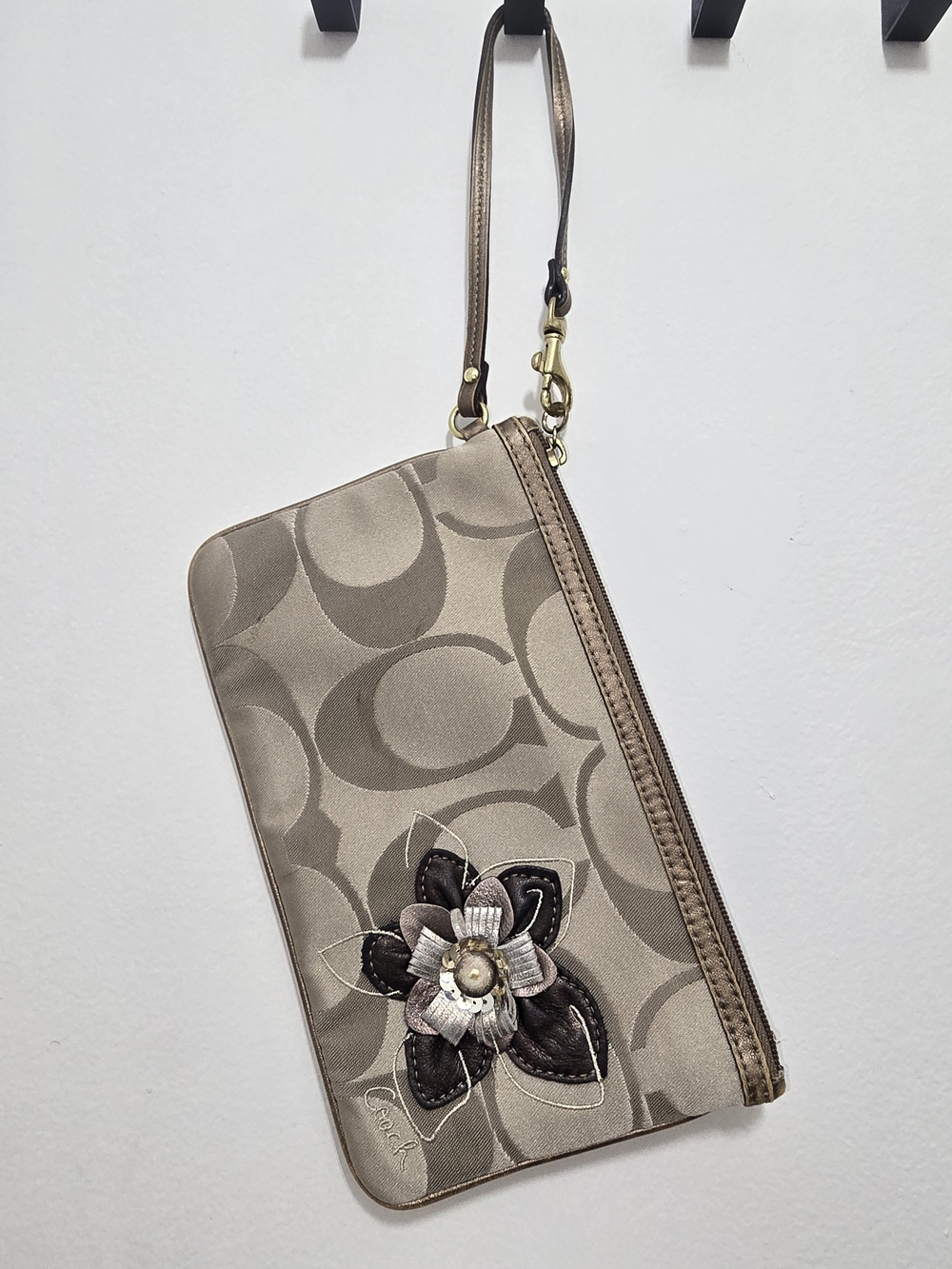 Coach Taupe Signature Canvas Wristlet with Floral Applique